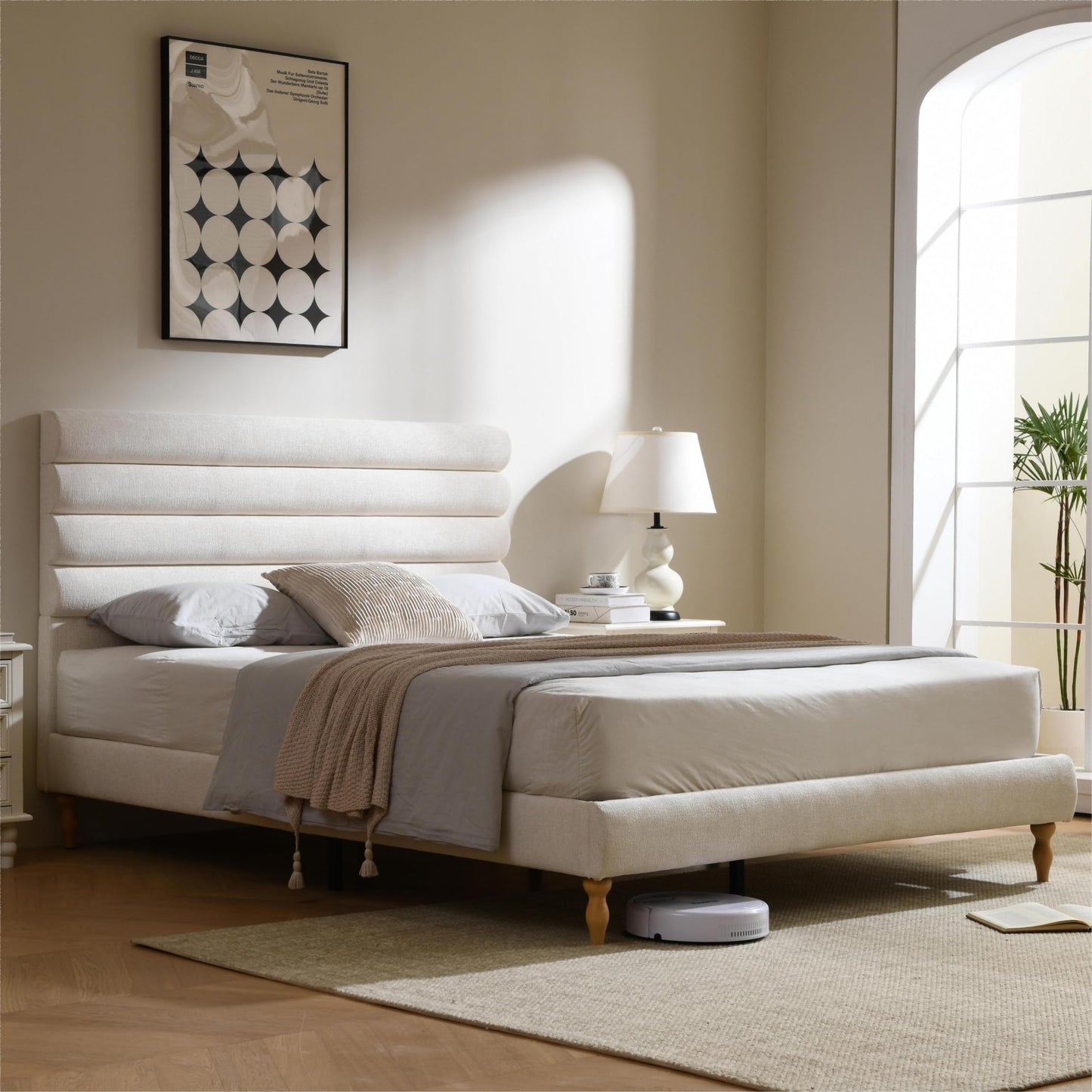 PINJU Queen Size Upholstered Bed Frame with Roundwood Stacked Headboard, Solid Wood Feet, No Noise, Wooden Slat Support, No Spring Mattress Required, Easy to Assemble（White, Queen）
