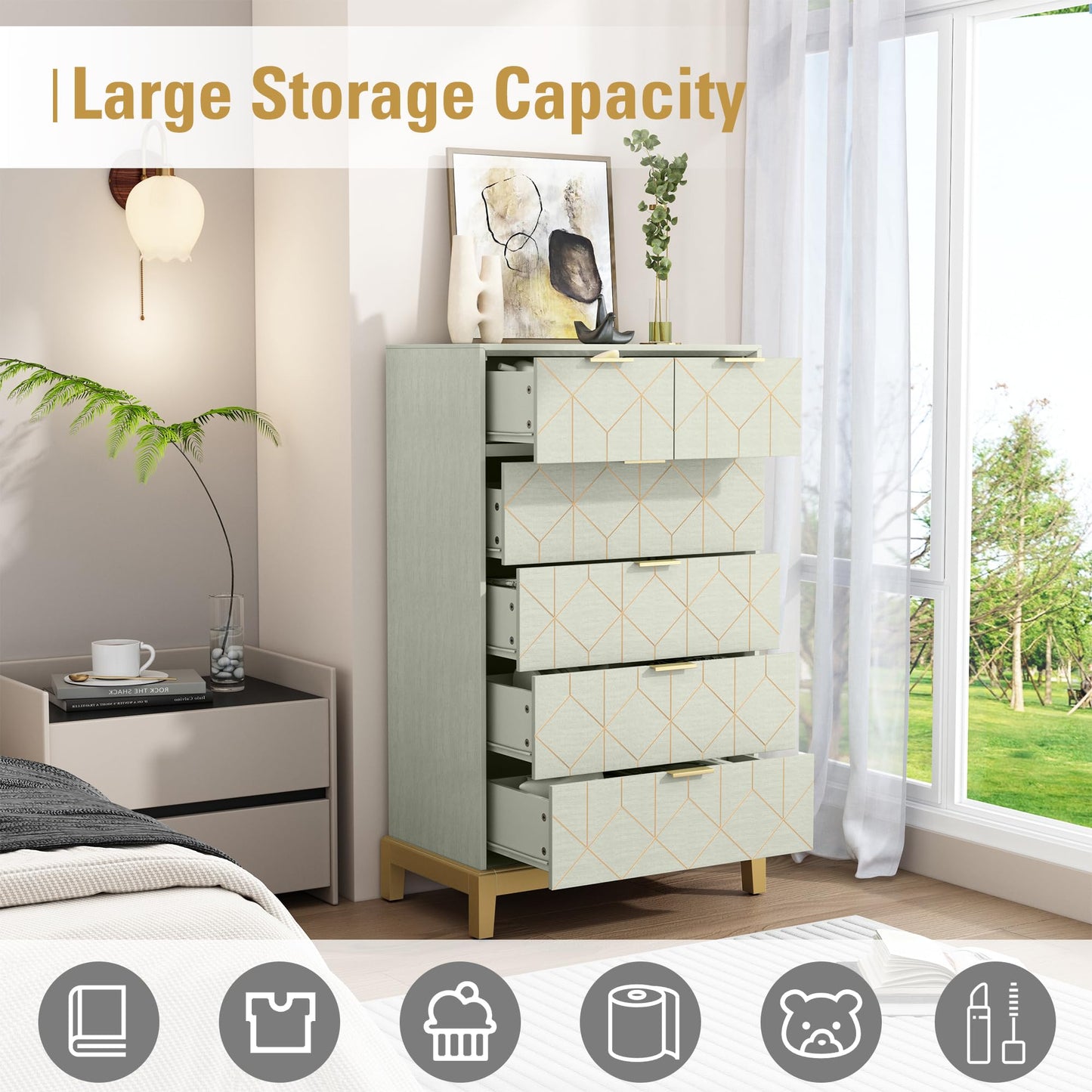 HLR 6 Drawer Dresser for Bedroom,Modern Wood Chest of Drawers with Gold Trim, Green Tall Dresser Storage Tower, Large Capacity Organizer Unit for Closet, Living Room, Hallway, Entryway