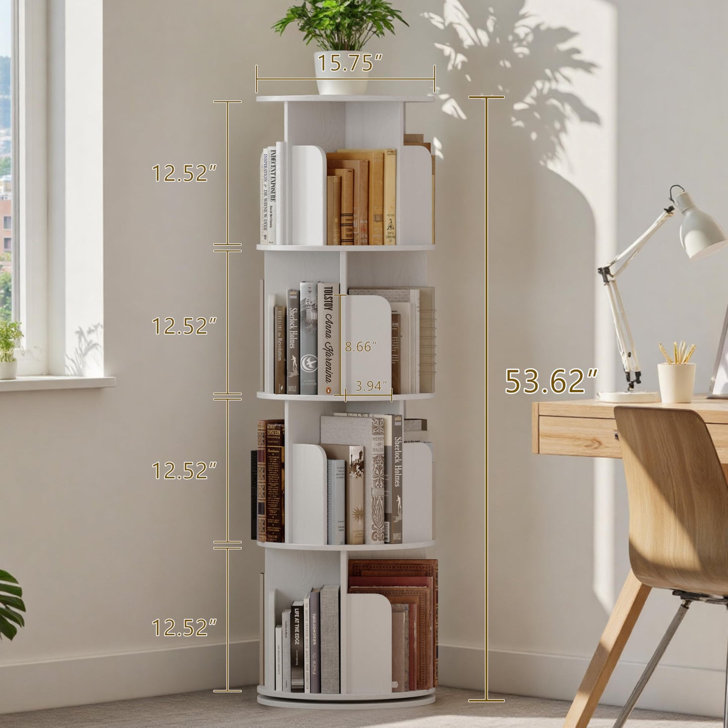 VDNEND Wooden 4 Tier Rotating Bookshelf, Spinning Bookshelf Tower,Modern Revolving Small Bookcase for Corner,Living Room,Bedroom (Embossed White, 4-Tier)