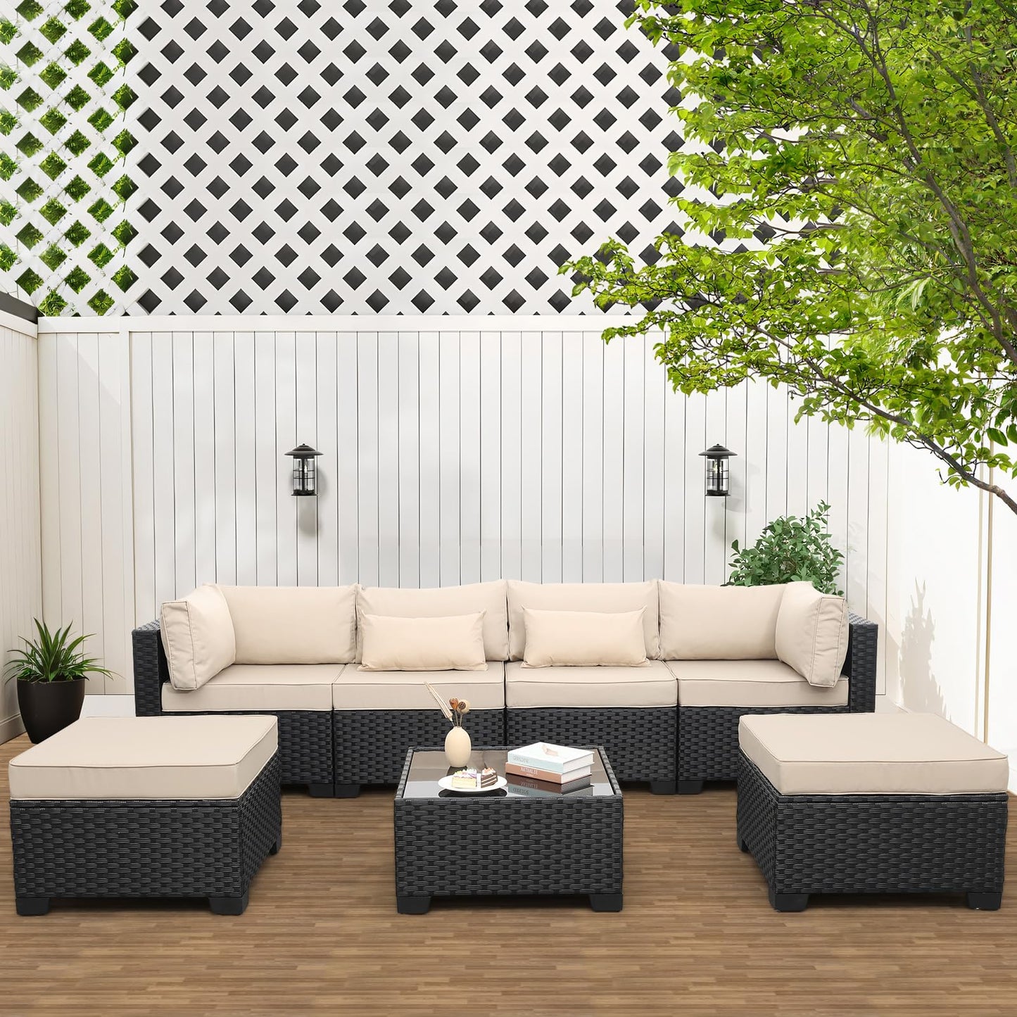 Lviden 7 Pieces Outdoor PE Wicker Furniture Set Patio Rattan Sectional Conversation Sofa Set with Khaki Cushions and Glass Top Table