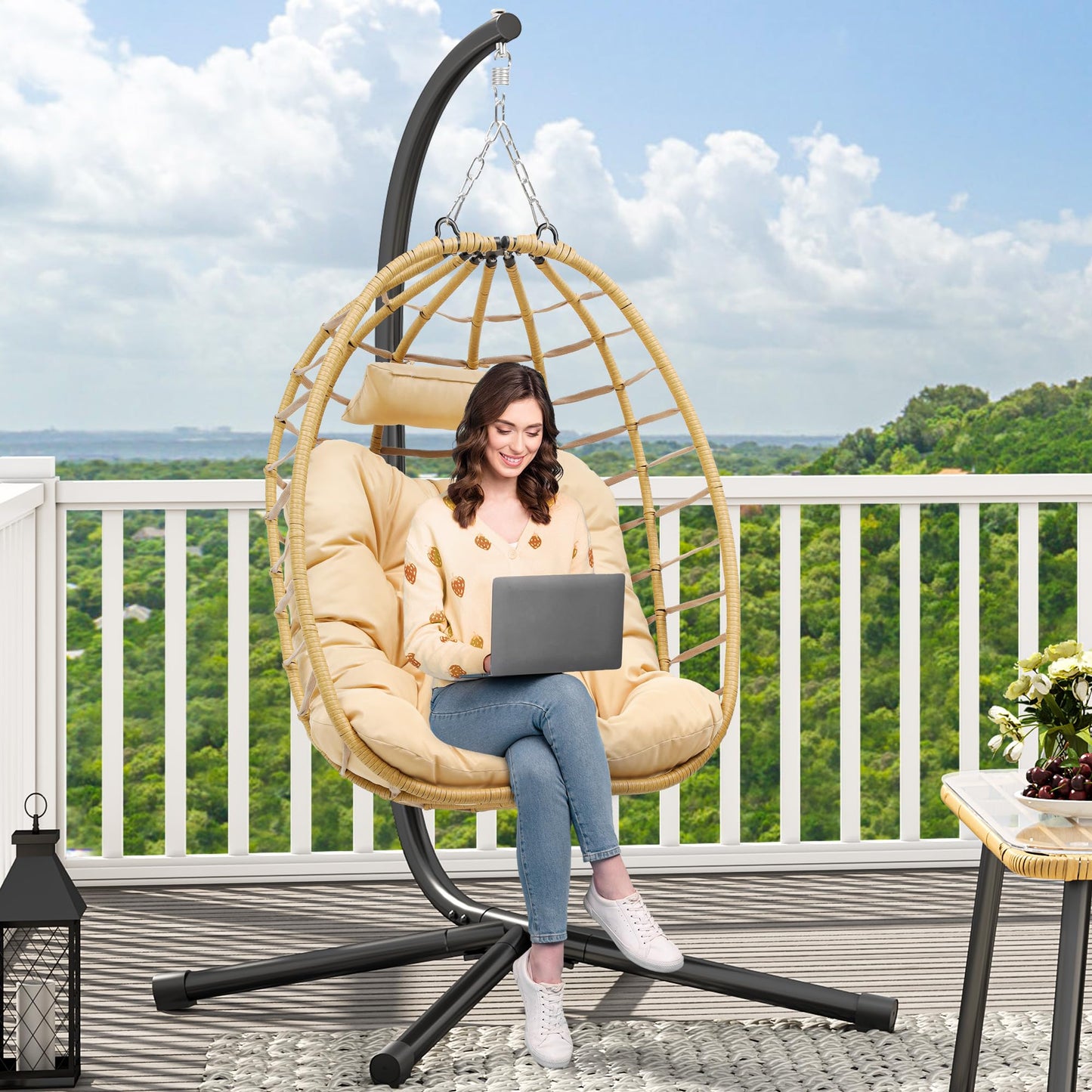 YITAHOME Egg Chair Swing Hanging Outdoor Wicker Hammock Chairs Indoor with Steel Stand UV Resistant Cushion 330lbs for Patio, Bedroom, Garden and Balcony - Beige