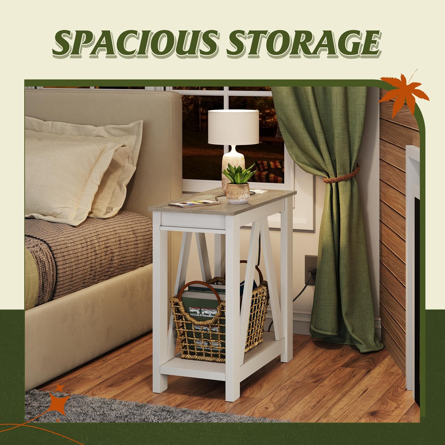 WLIVE Farmhouse End Table, Narrow Side Table with Charging Station, Slim End Table, Side Table for Bedroom, Living Room, Small Spaces, with 2 USB and 2 Power Outlets, 11.8" D x 23.6" W x 23.74" H