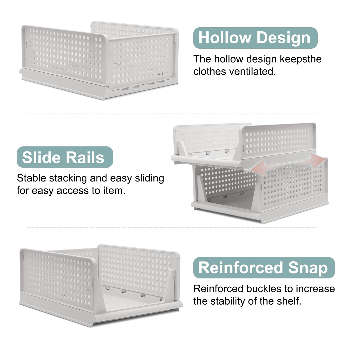 Stackable Foldable Storage Baskets, Folding Storage Bins, Closet Organizers and Plastic Drawer Shelf Storage Container for Wardrobe, Cupboard, Kitchen, Bathroom, Office (White, 4S)