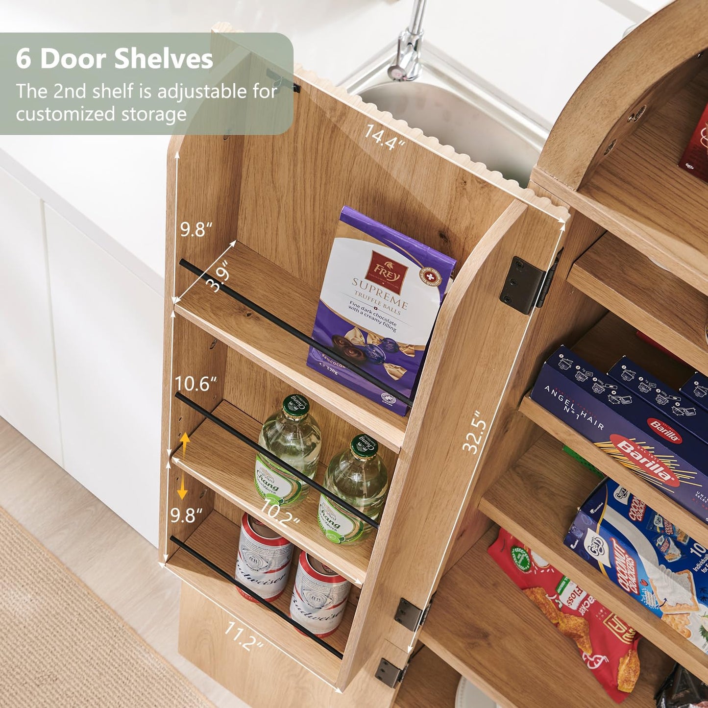 IFGET 71" Tall Arched Kitchen Pantry, Modern Fluted Wood Storage Cabinet with Doors, 3 Adjustable Shelves, 6 Door Shelves, Organizer, Versatile Cupboard for Kitchen, Bathroom, Natrual