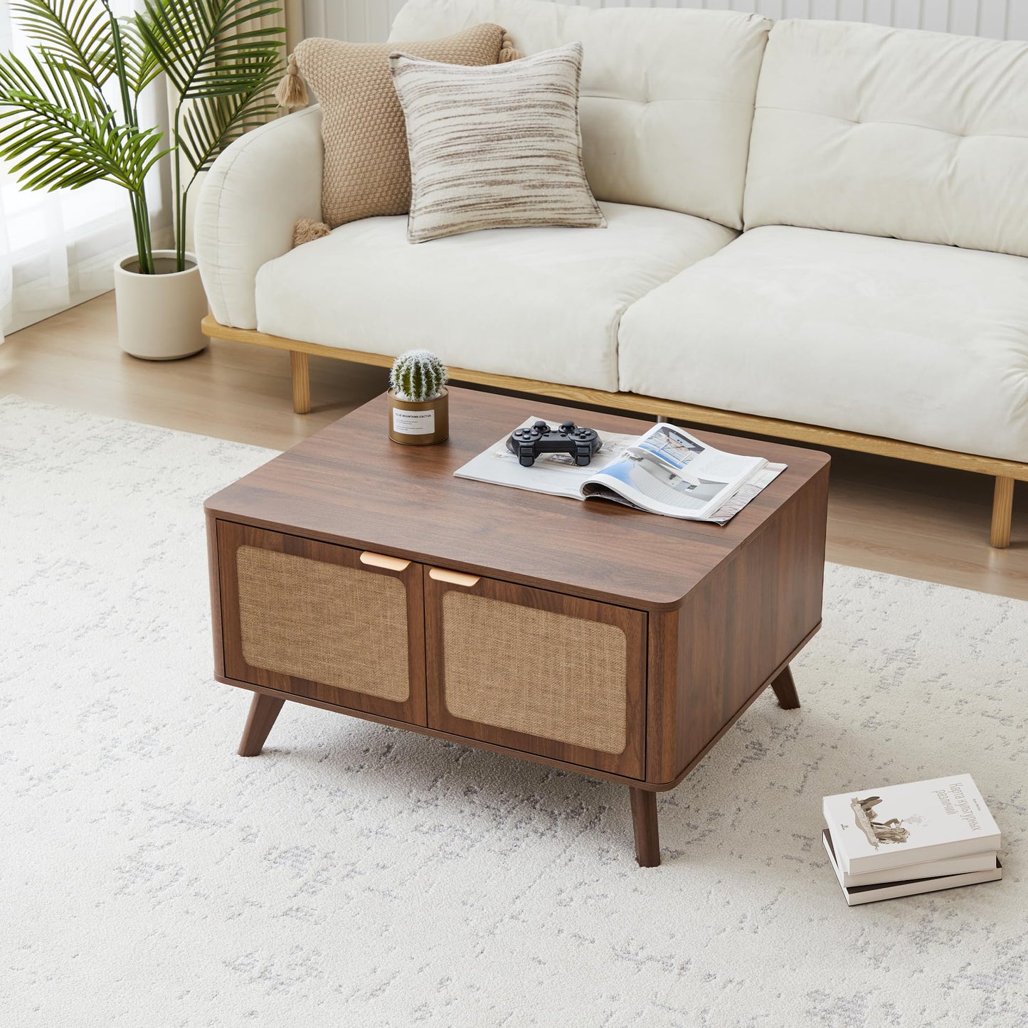 AVZEAR Wood Lift Top Coffee Table with Storage, Mid Century Modern Coffee Table with Nature Linen Doors & Large Hidden Storage, Curved Edge Center Table Farmhouse Coffee Tables for Living Room, Walnut