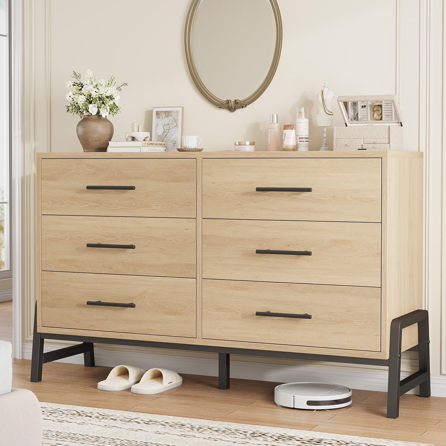 GarveeHome 6 Dresser for Bedroom, 52" Wide Drawer with Large Storage Space, Freestanding Wooden Closet Storage Dresser Chest for Living Room, Bedroom, Entryway, Natural Oak