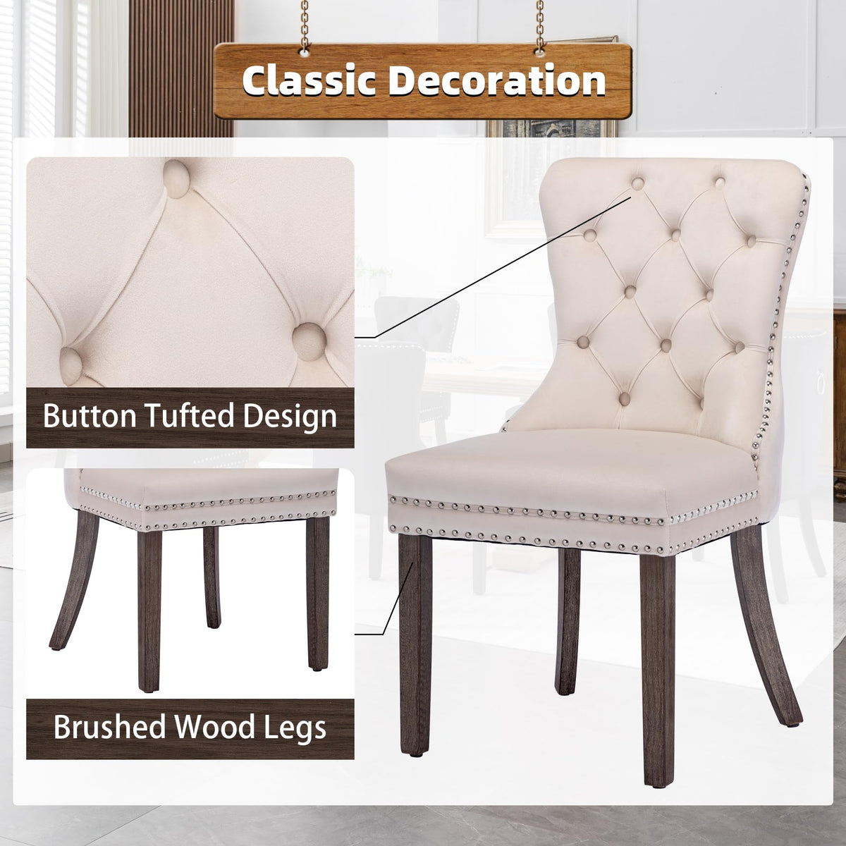 GOOLON Dining Room Chairs Set of 2, Velvet Button Tufted Dining Chairs with Rivet Trim Metal Pull Ring Wood Legs for Kitchen Restaurant Dining Room, Beige