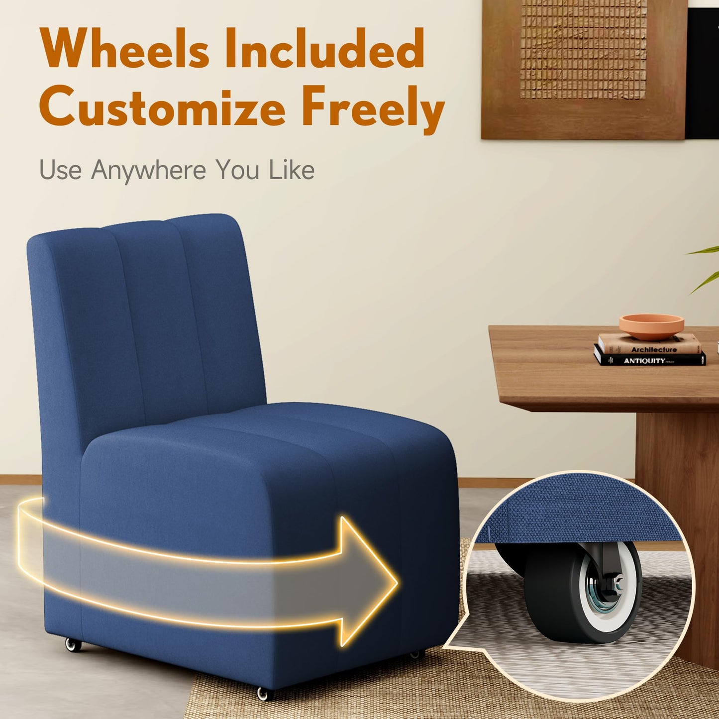 Upholstered Dining Chairs Set of 2, Modern Rolling Dining Chairs with Casters,Armless Swivel Chair,Linen Side Chair for Kitchen,Dining Room, Bedroom,Reading Room,Dressing Room,Living Room (Blue)