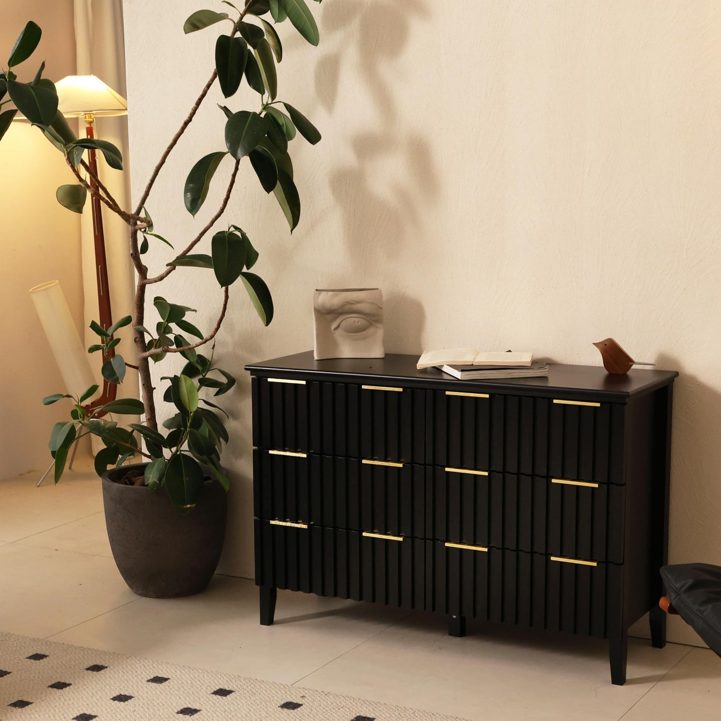 LAZZO 6 Drawer Dresser for Bedroom Black Fluted Wooden Dresser Tall Chest of Drawers with Double Golden Handles Modern Storage Chest TV Stand Storage Cabinet for Living Room, Hallway，Closet