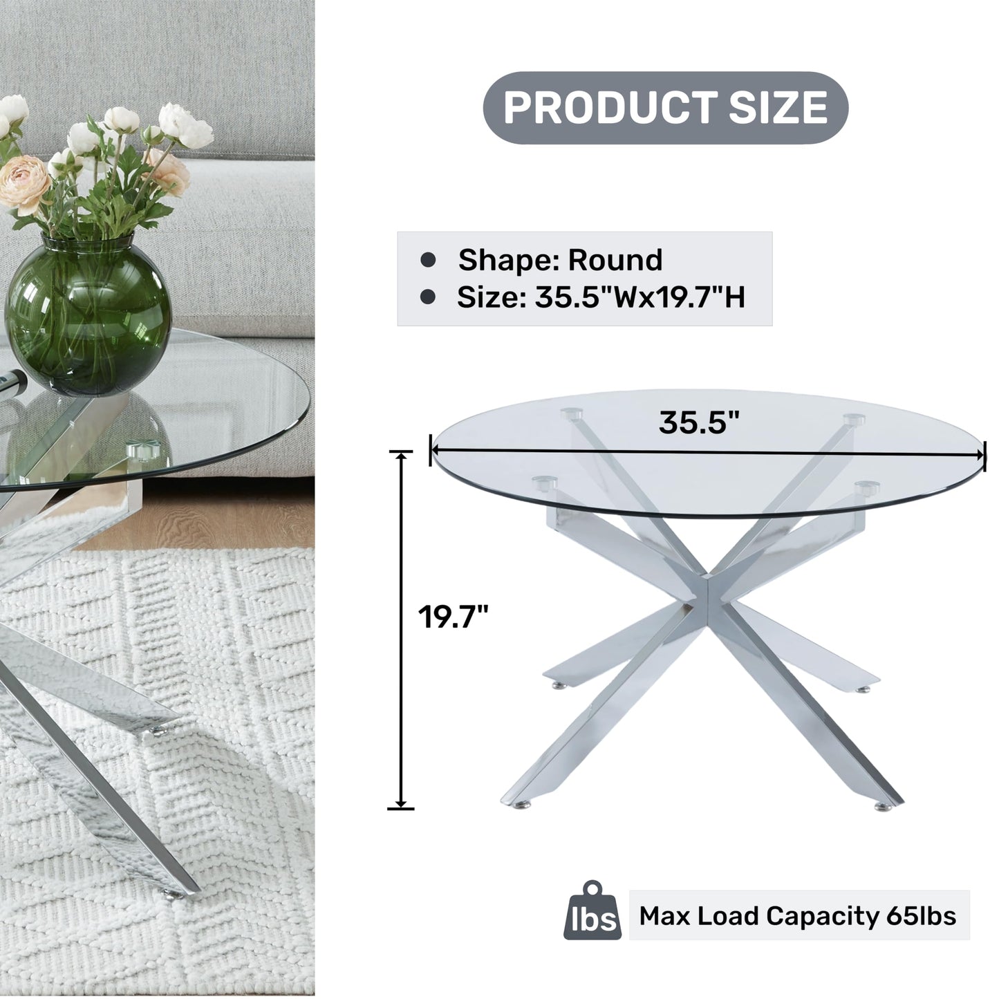 Round Glass Coffee Tables for Living Room, Home Office, Modern & Simple Center Table with Clear Tempered Glass Top, 35.5" Wx19.7 H Silver