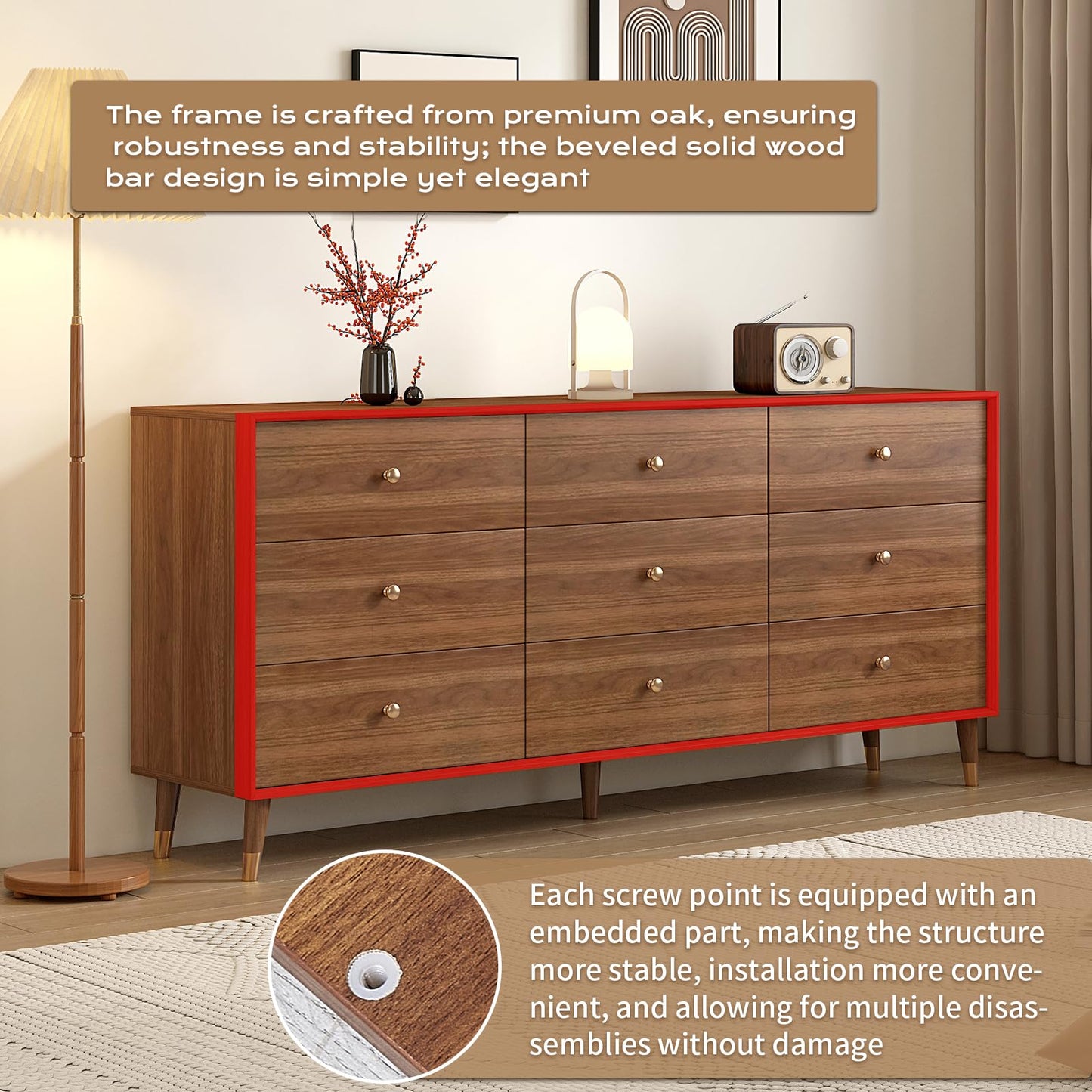 Messenya Mid Century Modern 9-Drawer Dresser, 63 Inch Wide Solid Wood Frame Chest, Walnut Finish, Beveled Design, Heavy-Duty Drawer Glides, Storage Cabinet for Bedroom, Living Room, TV Stand