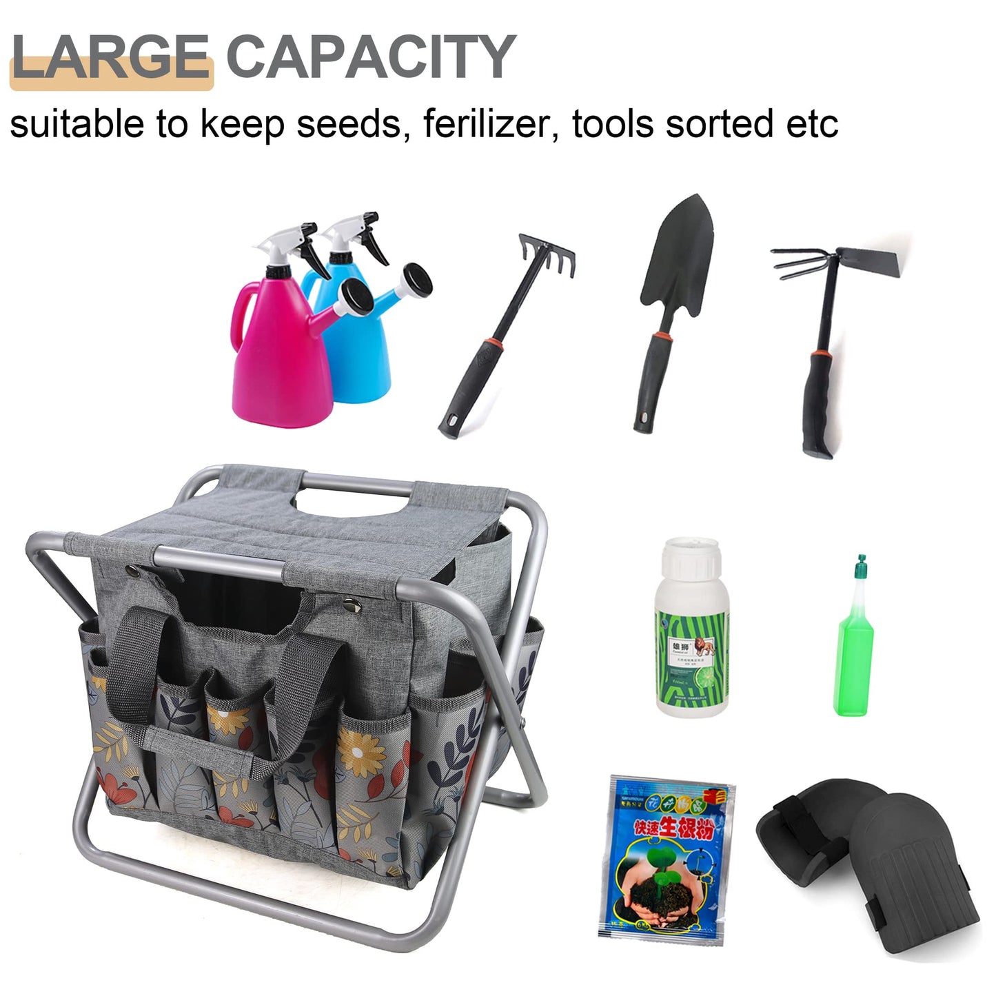 MDSTOP Folding Gardening Stool with Detachable Storage Tote Bag, Gardening Tools Set Organizer for Fishing Outdoor Sports Hiking Camping Garden, Gardening Gifts for Mom/Dad, Without Tools (Aluminum)