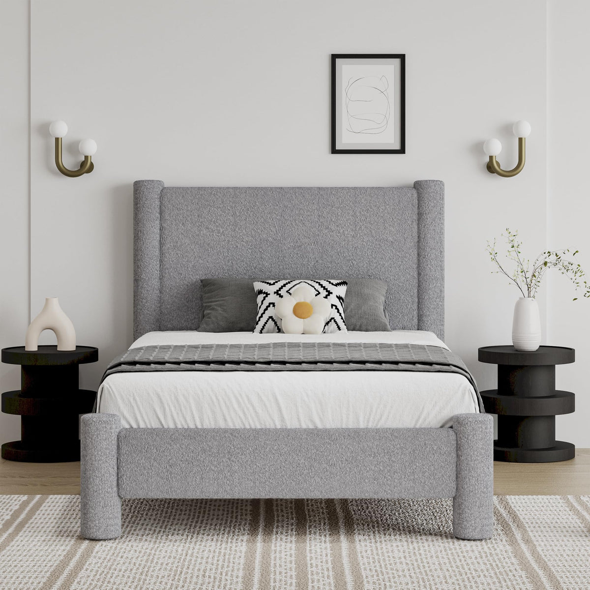 REVOMINCA Twin Size Bed Frame, Boucle Upholstered Platform Bed with Headboard and Footboard, Soft Rounded Corners, No Box Spring Required, Easy Assembly, Light Grey