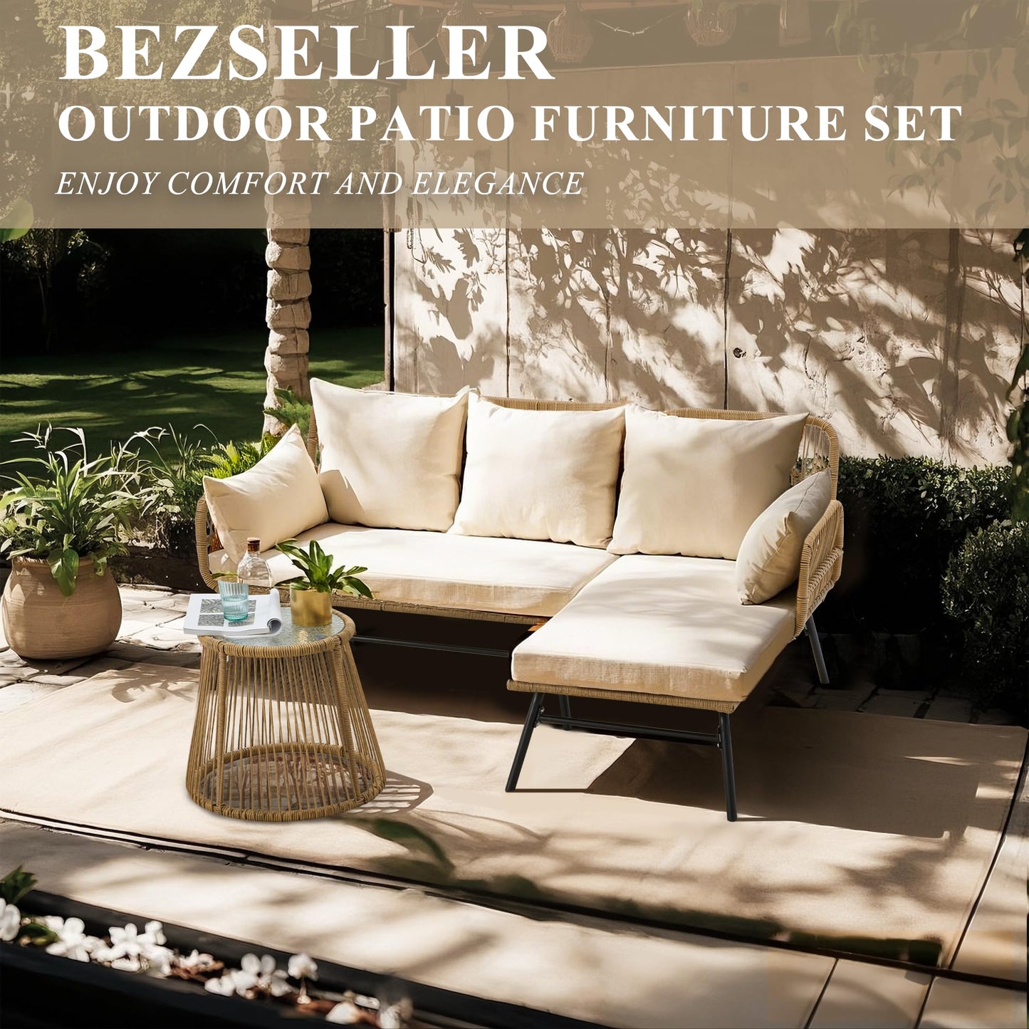 Bezseller 3-Piece Outdoor Patio Furniture Set – L-Shaped Rattan Sectional Sofa with Detachable Lounger, Glass Coffee Table & 4" Cushions – All-Weather PE Wicker for Backyard, Porch, Poolside