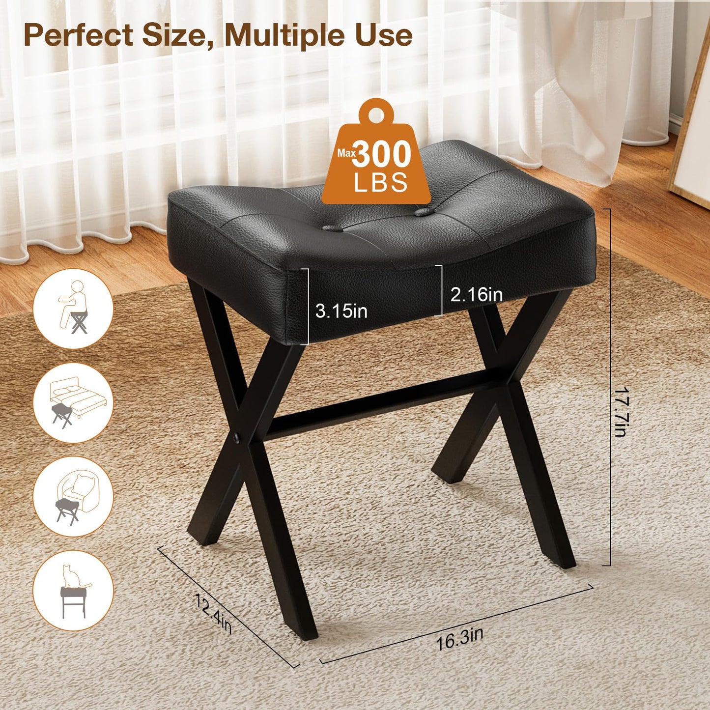 Memobarco 18-Inch Leather Vanity Stool Chair, Vanity Bench with Metal X-Leg, Ottoman Foot Stool with Thick Padded Saddle Seat, Black