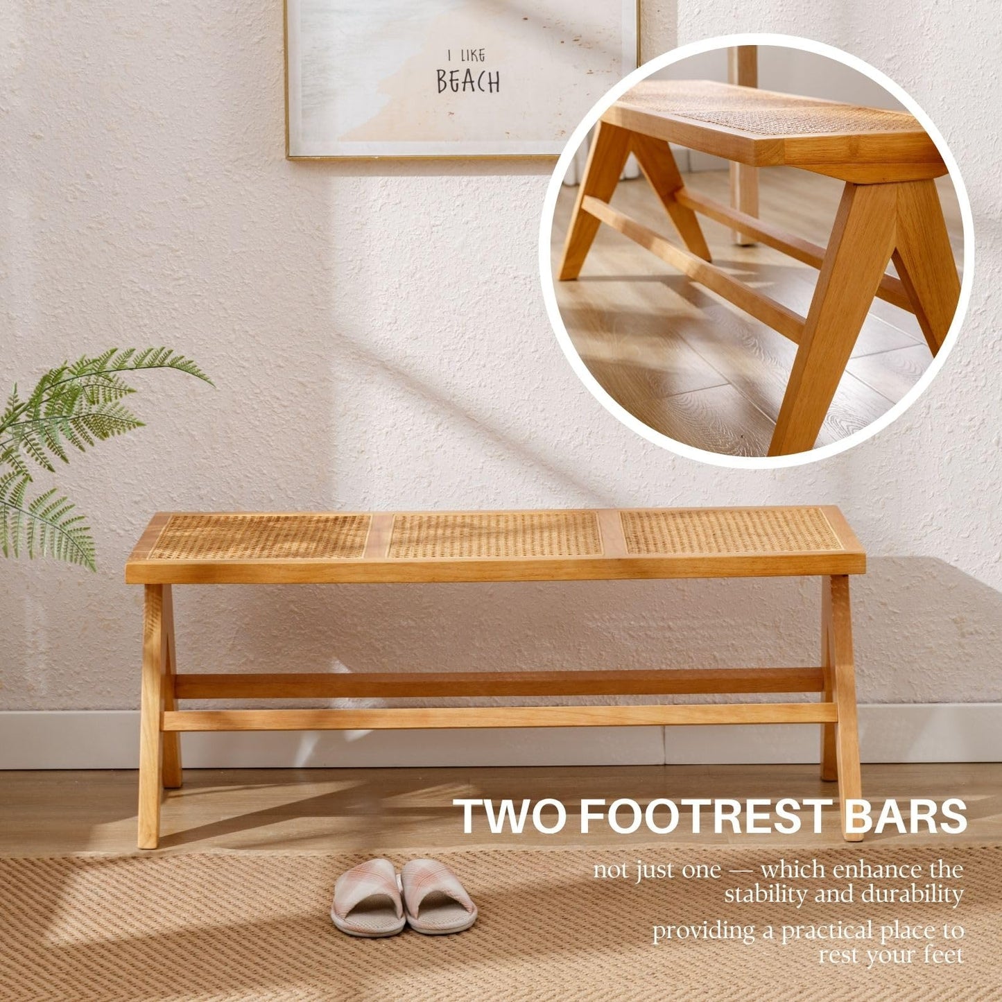 COMULER 45” Natural Rattan Entryway Bench Wicker Wood and Cane End of Bed Bench Farmhouse Wooden Dining Bench with Footrest for Kitchen Cane Bench Seat for Bedroom Hallway Foyer Living Room