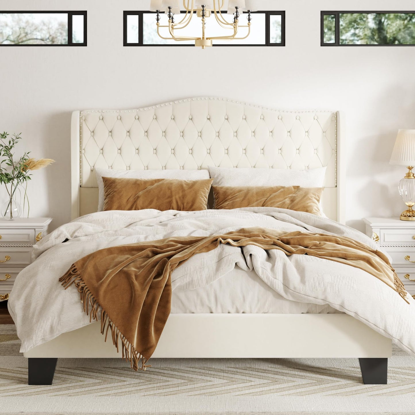 SwnftWinnt Queen Size Upholstered Bed Frame, Velvet Luxury Wingback Headboard, Platform Bed with Deep Button Tufted & Nailhead Trim, No Box Spring Needed, Noise Free, Easy Assembly, Beige
