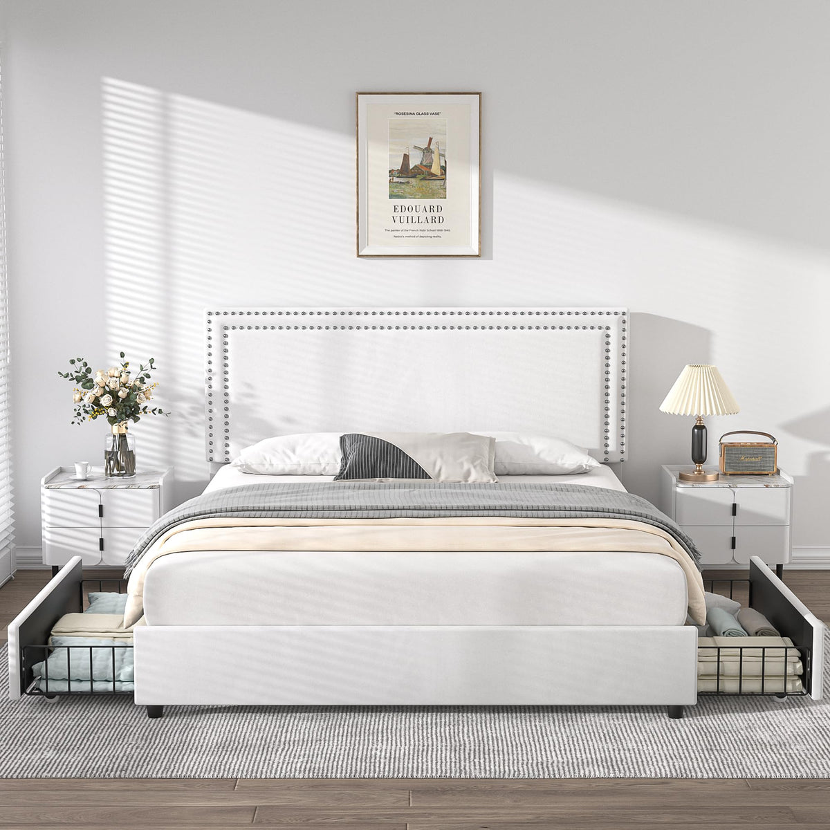 VECELO Full Size Upholstered Platform Bed Frame with 4 Storage Drawers, Adjustable Velvet Rivets Headboard, Wooden Slats Support, No Box Spring Needed, Easy Assembly