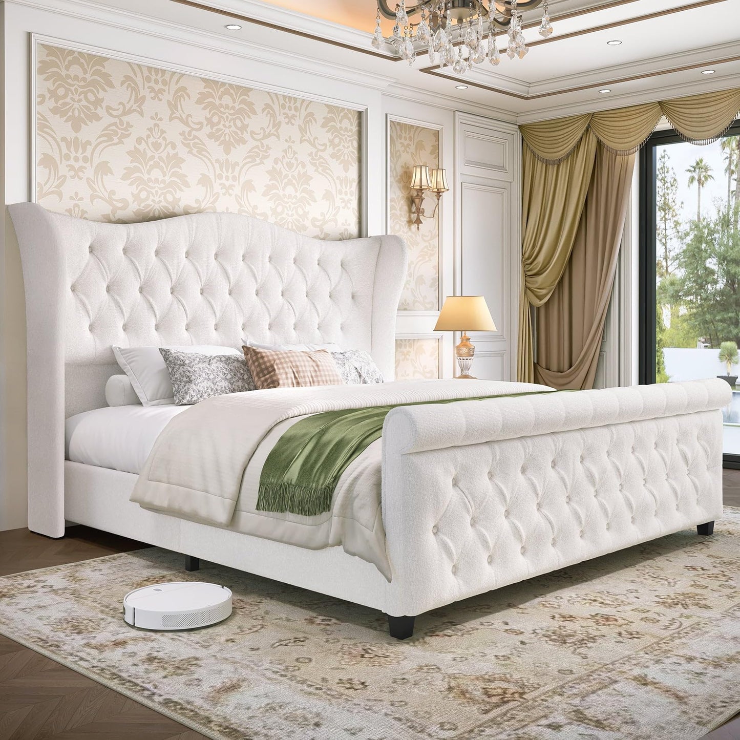 koorlian King Size Chenille Upholstered Bed Frame, Sleigh Platform Bed Frames with 51" Tall Wingback Headboard & 27" Scroll Footboard, Button Tufted/No Box Spring Required/Wood Slats Support/Cream