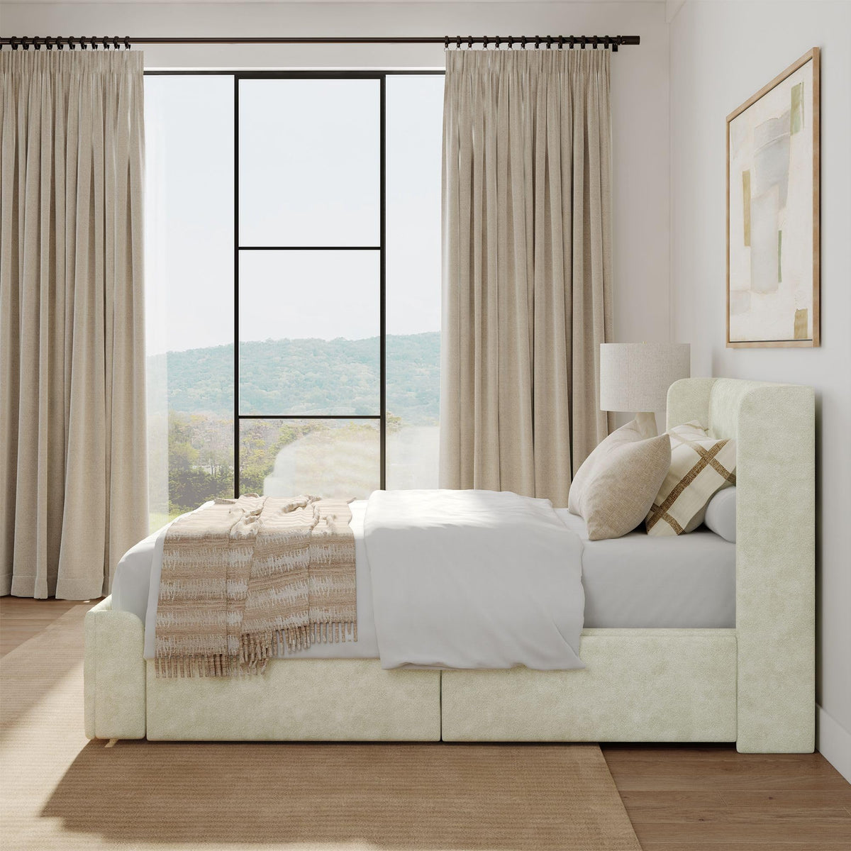 Plank+Beam Upholstered Twin Bed Frame with Rectangular Headboard and Two Storage Drawers, Upholstered Platform Bed, No Box Spring Needed, Easy Assembly, Cream