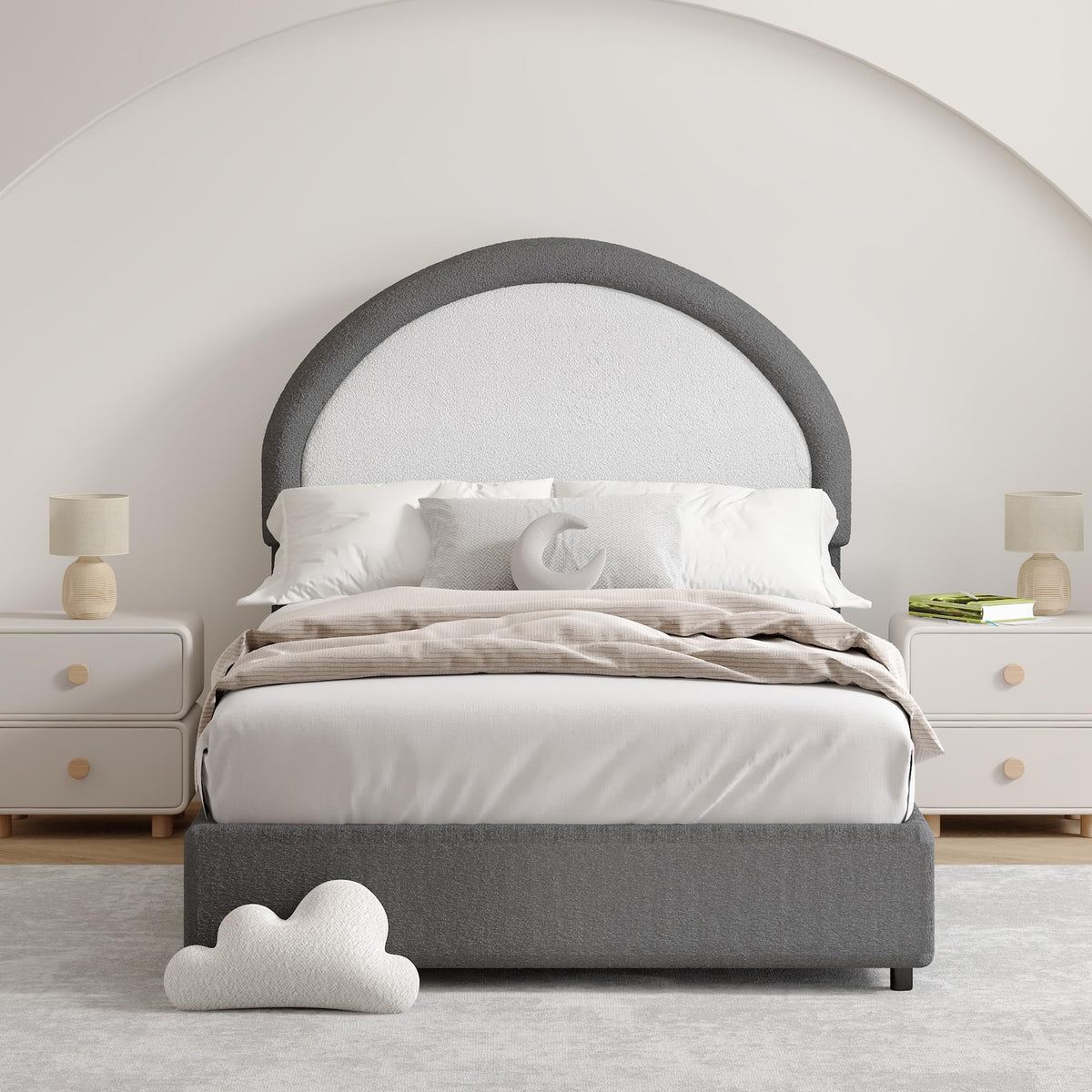 REVOMINCA Twin Boucle Bed Frame, Boucle Upholstered Platform Bed Twin Size with Headboard, Twin Bed Frame for Kids Boys Girls, Low Profile Bed, Soft Rounded Corners, No Box Spring Needed, Grey