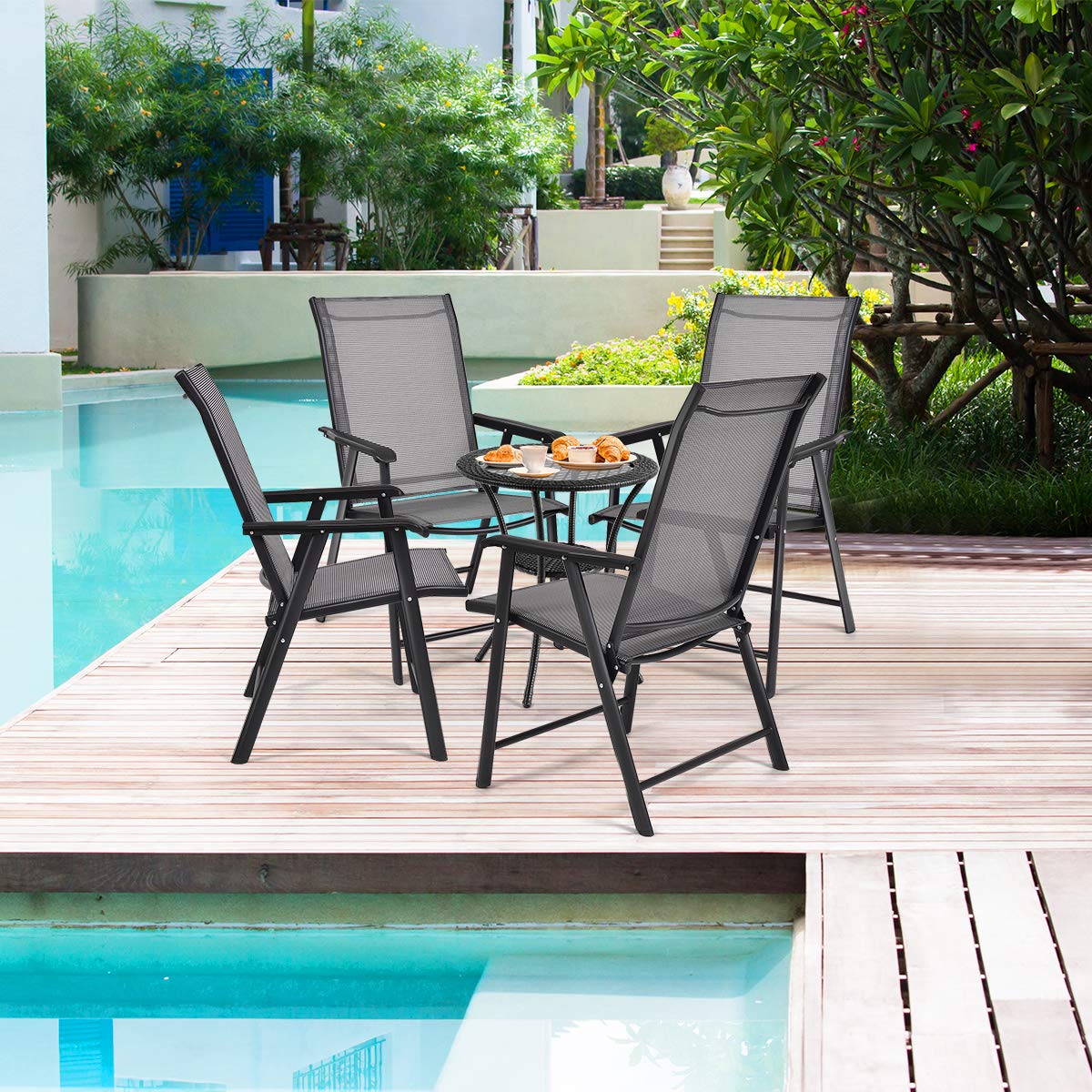 Giantex Set of 4 Folding Patio Chairs, Outdoor Portable Dining Chairs for Garden Camping Poolside Beach Deck Lawn, 4-Pack Sling Armchairs, Metal Frame, Grey