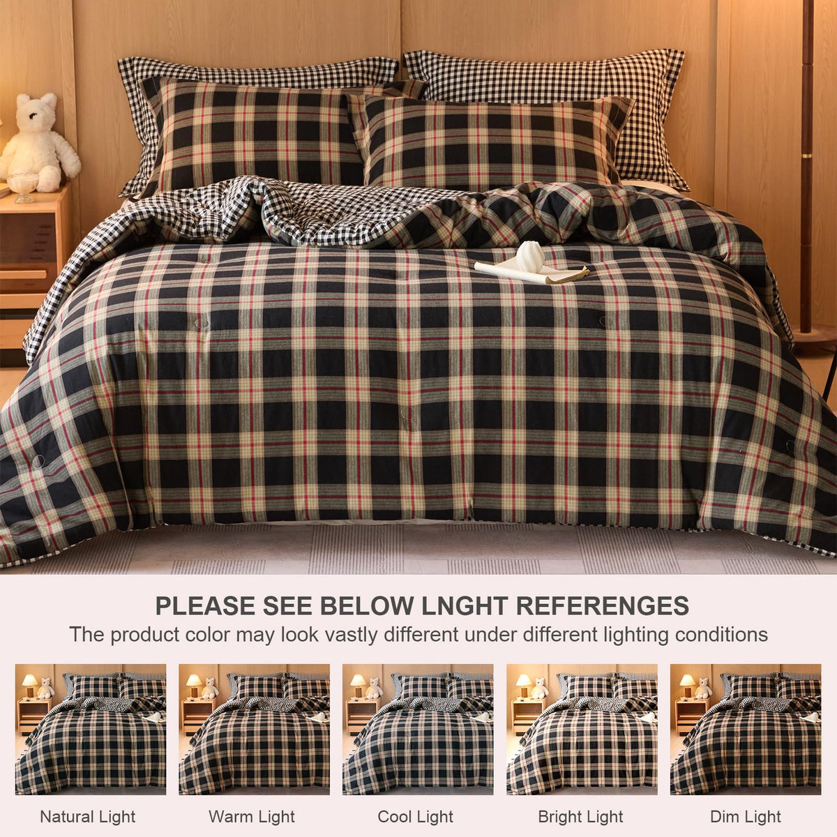 hadamick 100% Cotton Comforter Set Twin Size – Reversible Yarn-Dyed Checkered Design, Soft Washed Cotton on Both Sides, Lightweight All-Season Bedding, Machine Washable(Black Red Plaid, 68”x90”)