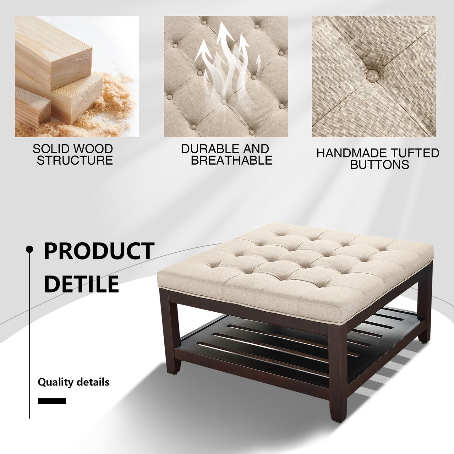 adochr Linen Large Square Ottoman with Storage, Upholstered Button Tufted Ottoman for Living Room, Oversized Ottoman Coffee Table Footrest with Solid Wooden Square Tray, Light Brown