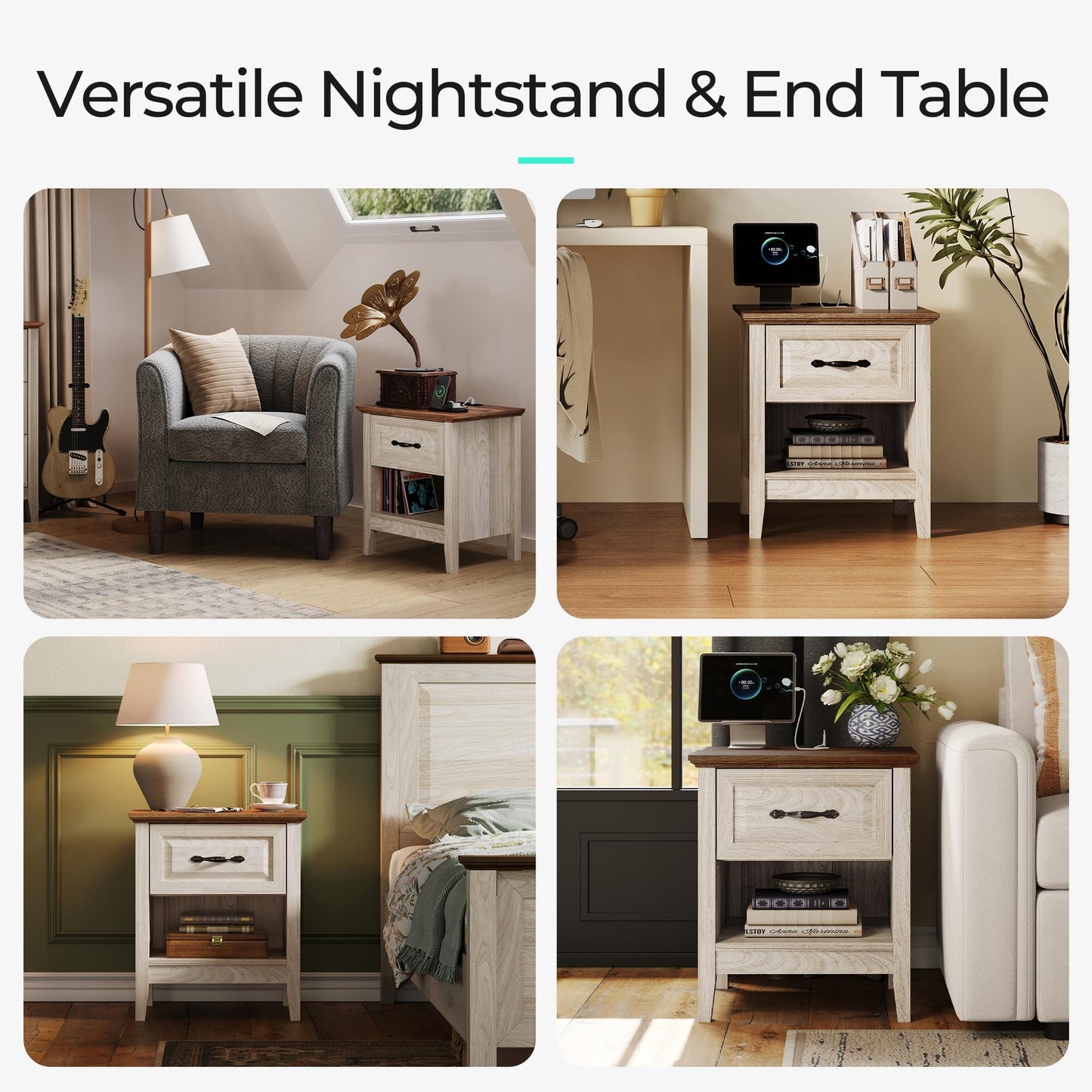LINSY Night Stand Set of 2, 18.9" Farmhouse Wood NightStand with Type-C Charger &Open Storage Shelf Nightstands with Drawer, Side Table End Table for Bedroom Living Room Sofa Couch Office Beige