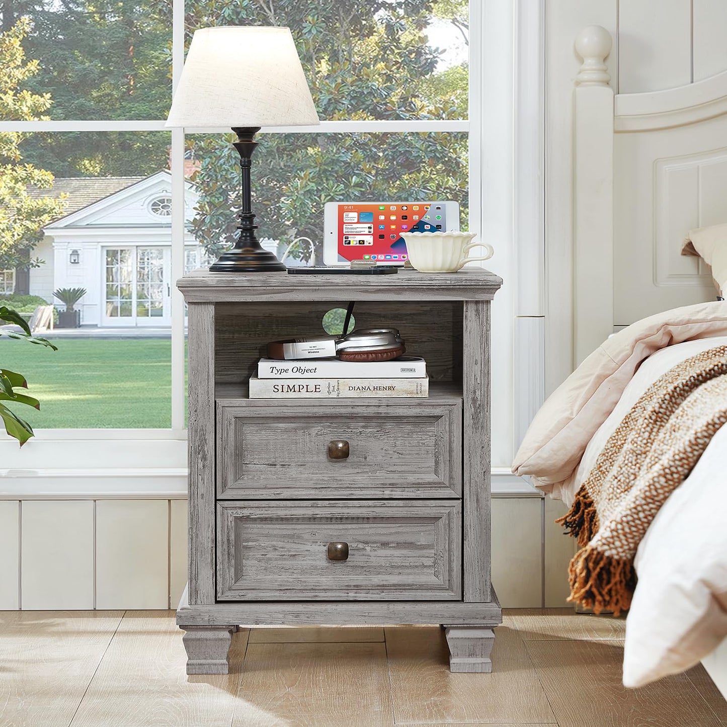 SAVOR LIFE Farmhouse Nightstand Set of 2 with Charging Station, Rustic Grey Nightstand,2 Drawers End Table for Living Room,Bedside Table with Open Shelf for Bed Room,Grey