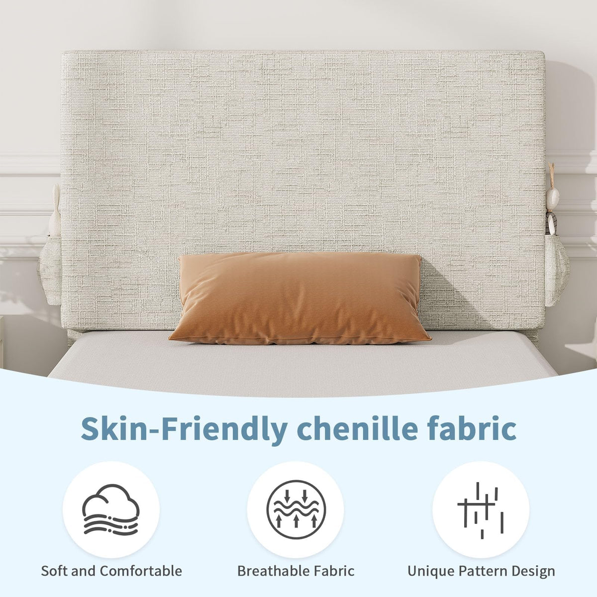 Twin Bed Frame with Headboard, Chenille Fabric Upholstered Platform Bed with Strong Wooden Slats, Kids Twin Bed Frame, No Box Spring Needed, Noise Free, Easy Assembly, White