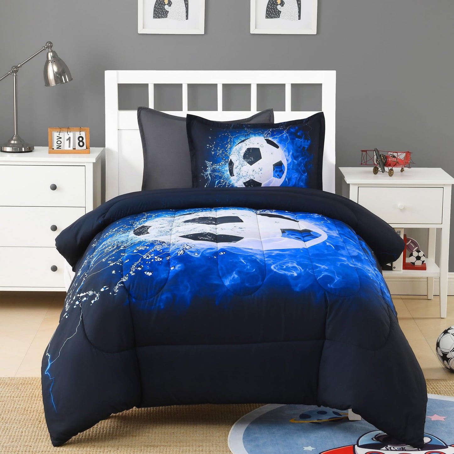 Andency Soccer Comforter Twin(66x90 Inch), 2 Pieces(1 Soccer Comforter, 1 Pillowcase) Blue Flame Soccer Comforter Set Sport Microfiber Bedding Set for Boy Girl Kids, Teen