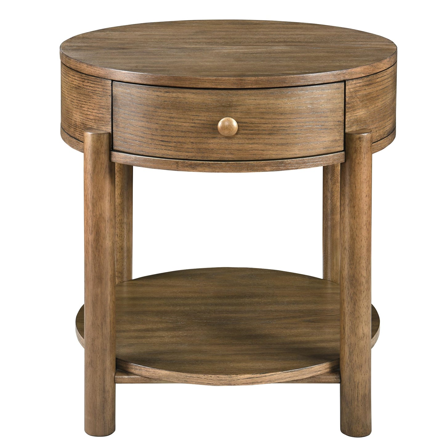 Solid Wood 2-Tier Round End Table with Drawer, 24" Small Sofa Side Table with Storage Oak Wood Accent Drink Table Modern Nightstand with Shelf for Living Room Bedroom Office, Brown