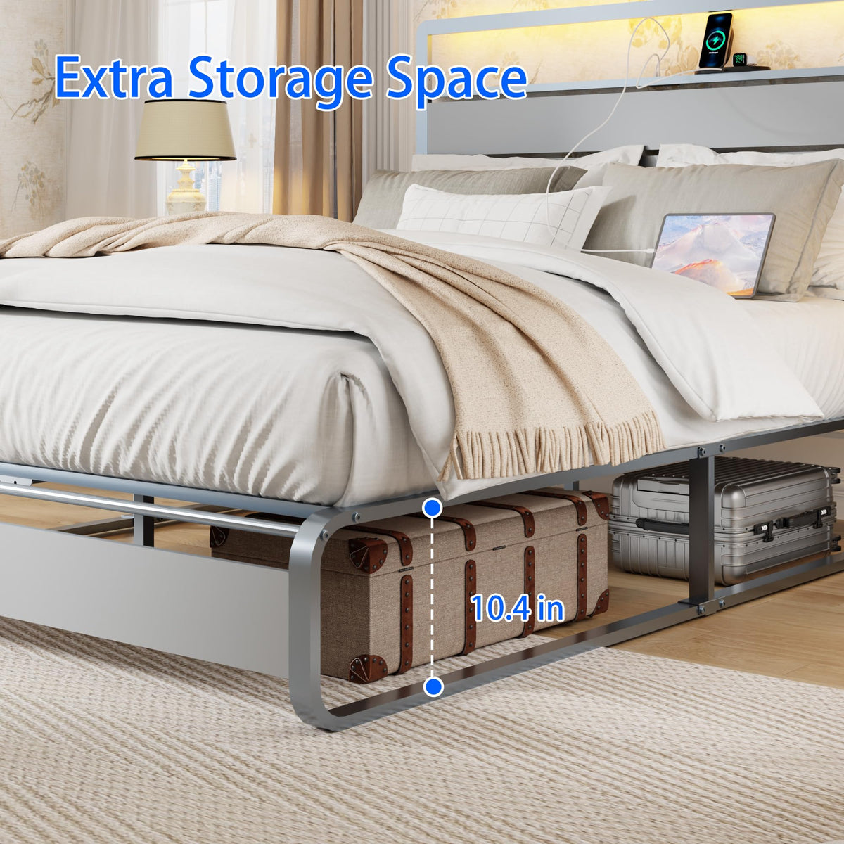 VFJ Large Bed Frame with headboard, Metal Platform Bed Frame with Charging Dock, Heavy-Duty Platform Bed Frame with LED Lights, Easy to Assemble, Silver