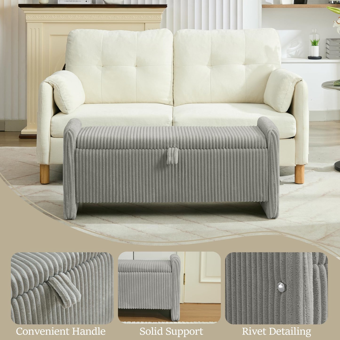 WUTUTUEE 44'' Corduroy Storage Ottoman Bench, Upholstered End of Bed Storage Bench with Safety Hinge, Linear Bed Bench for Bedroom, Living Room, Entryway, Grey