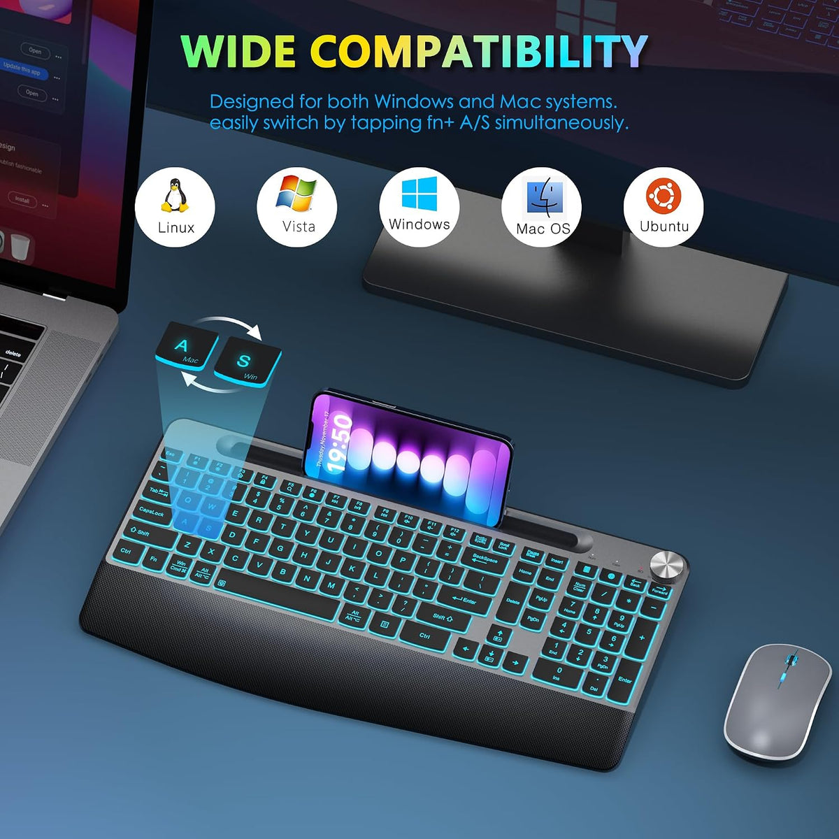 JOYACCESS Ergonomic Wireless Backlit Keyboard with Phone Holder,Rechargeable Wireless Keyboard Mouse Combo with Light Up Keys for for Laptop, PC, Mac, Windows-Grey