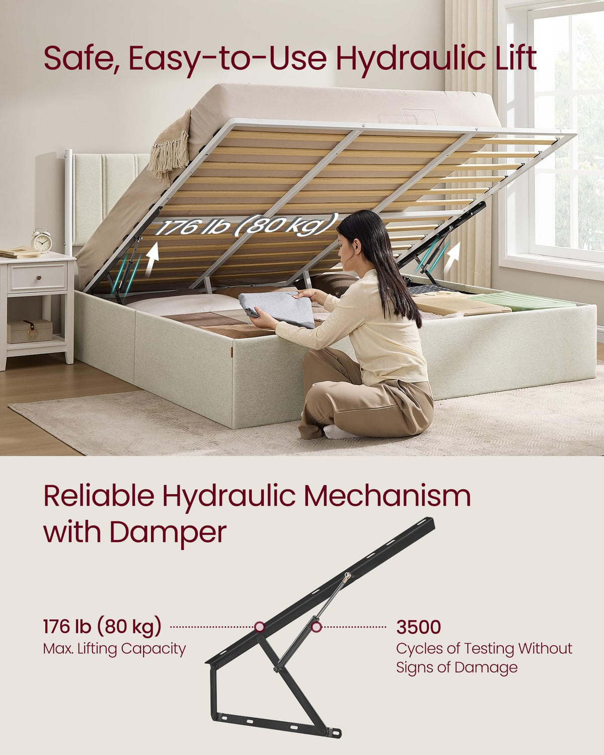 VASAGLE Lift Up Storage Bed Frame King Size, Hydraulic Platform Bed, with Upholstered Headboard, 1100 lb Weight Capacity, No Box Spring Needed, Easy Assembly, Modern, Cappuccino Beige URMB604W01V1