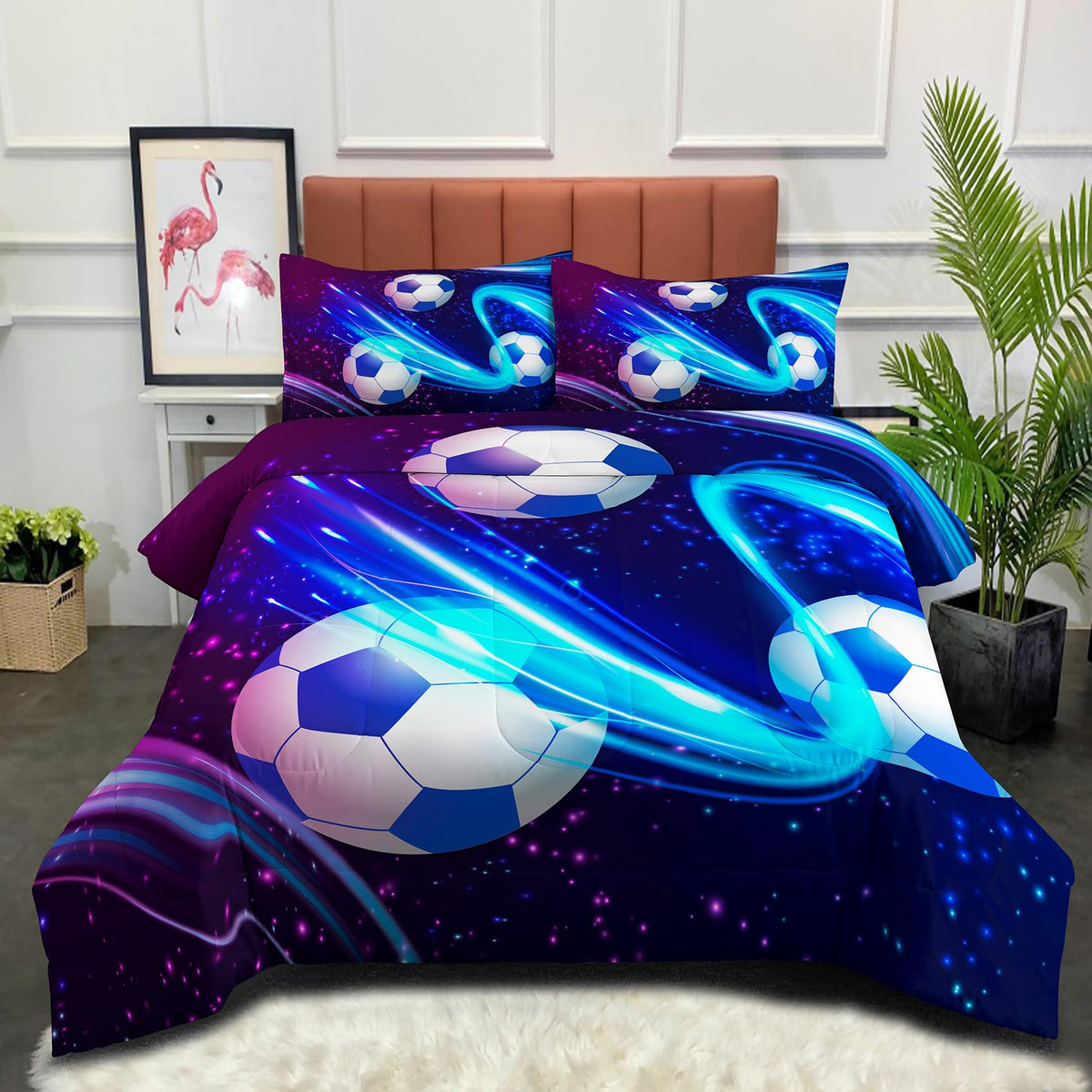 Peopleareok Soccer Comforter Set Twin (68x86 Inch), Purple Blue Soccer Theme Comforter, Sports Football Bedding, 2 Pieces Soft Microfiber Football Bedding Set for Boys Kids with 1 Pillowcases