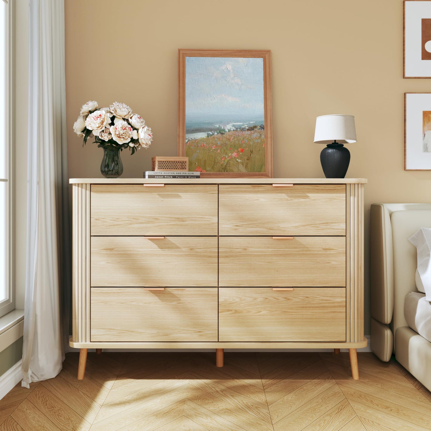 LIMGLIM Mid Century Modern Dresser, Fluted 6 Drawers Dresser for Bedroom, Curved Profile Design, Wide Wood Chests of Drawers Storage for Entryway, Hallway, Oak