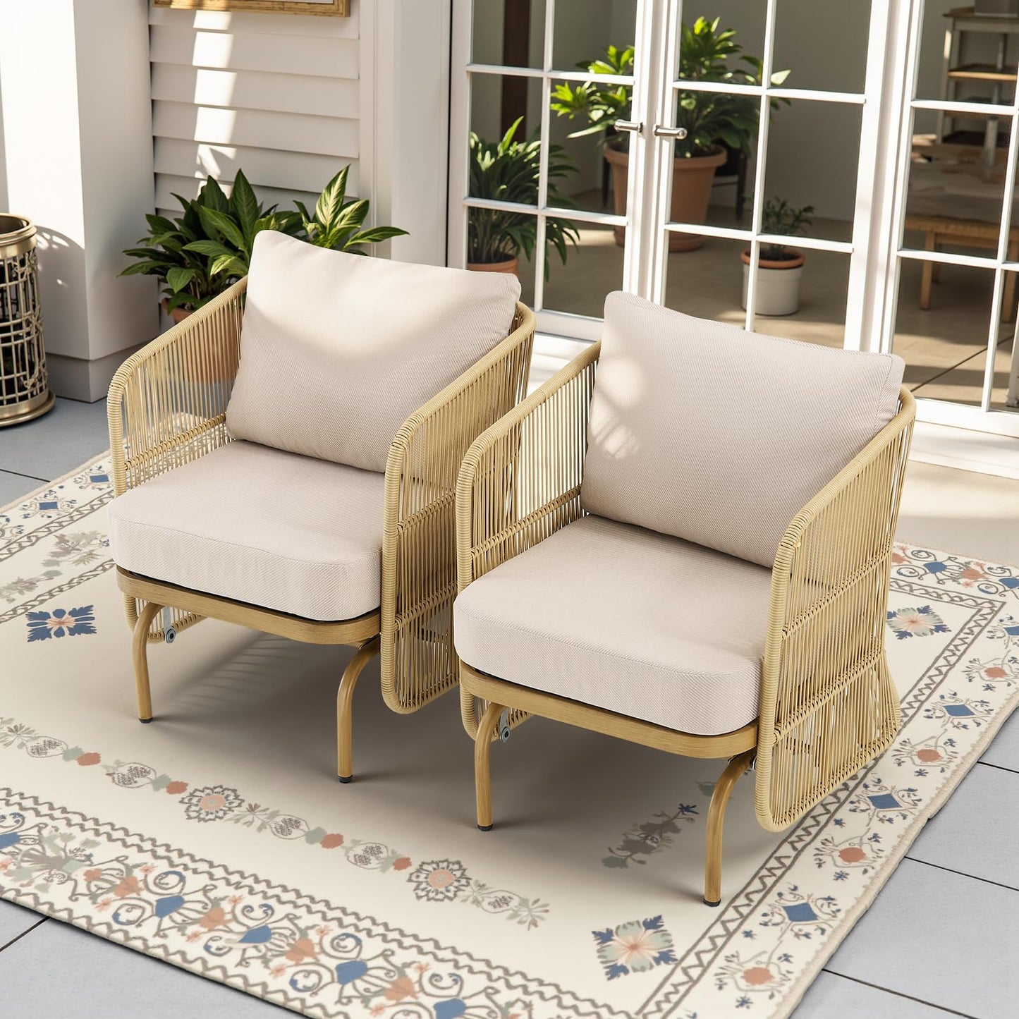PLANNTONNEO Outdoor Rocking Chairs Set of 2, Wicker Rocking Chairs Furniture Sets with Curved Silhouette, 2 Pieces Glider Rocking Bistro Set with Cushion for Garden,Porch,Backyard