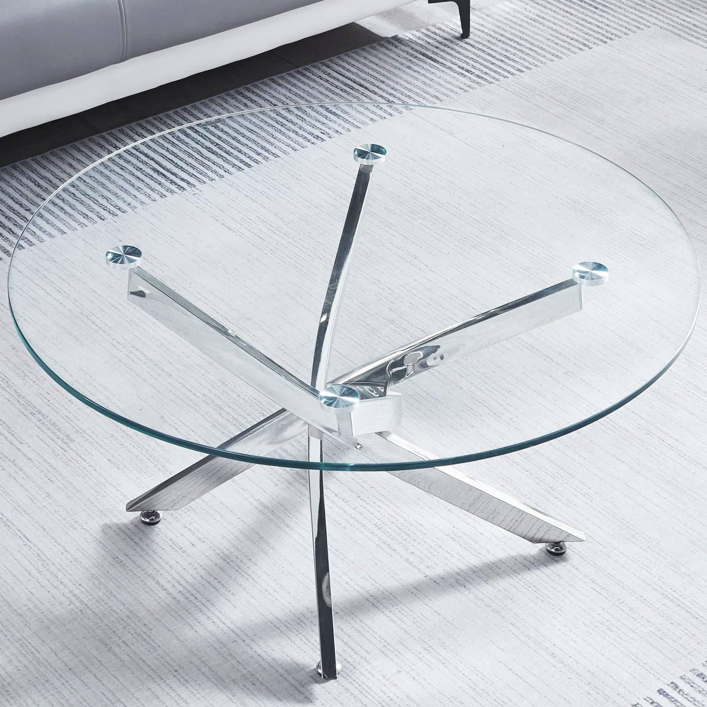 SSLine Round Glass Coffee Table with Silver Base Clear Tempered Glass Pedestal Center Table Luxury 35.4" Coffee Table for Living Room Bedroom Reception Room Coffee Table w/Mirror Stainless Steel Legs