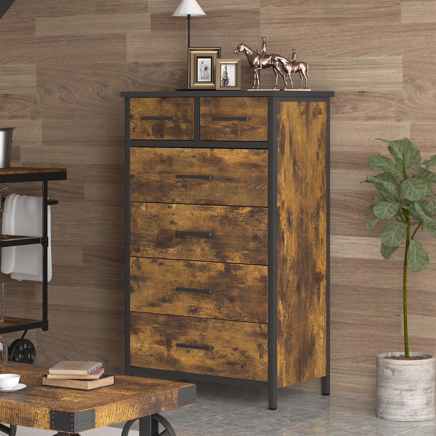 IKENO 6 Drawer Wood Dresser, Industrial Wood Storage Dresser Clothes Organizer, Sturdy Steel Frame, Storage Dresser for Bedroom