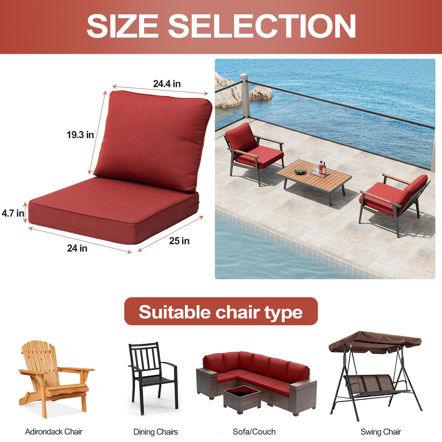 PATIOHIT 24x24 Inch Outdoor Cushions for Patio Furniture Water Resistant Patio Chair Cushions 2-Year Fade Resistant Deep Seat Cushions, Replacement Cushions for Outdoor Furniture (Cherry Red)