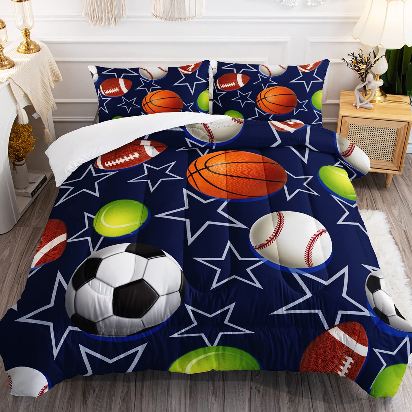 BailiPromise Boys Sports Comforter Set Queen Football Baseball Basketball Soccer Tennis Bedding Set for Teens Kids Blue Star Comforter 3 Piece Bedroom Decor 2 Pillowcases Lightweight Microfiber