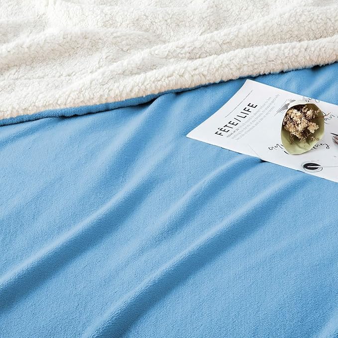 IR Imperial Rooms Sherpa Blankets Queen Size - Thick and Warm Blankets for Winter, Reversible Soft and Fuzzy Fluffy Queen Size Blanket for Bed, Light Blue, 90x90 Inches