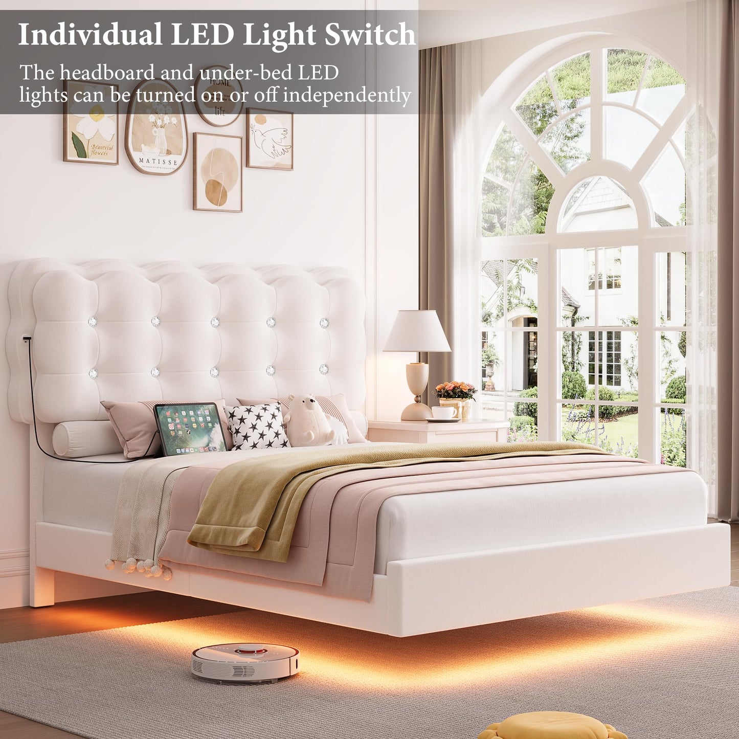 HIFIT Upholstered Full Size LED Bed Frame with Charging Station and Adjustable Crystal Button-Tufted Puffs Headboard, Velvet Princess Floating Platform Bed Frames for Girls, No Box Spring Needed,Beige