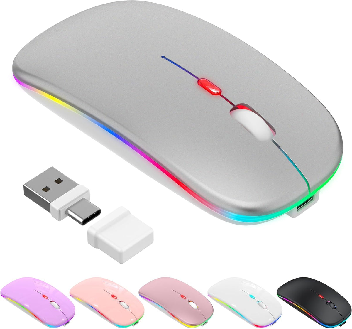 LED Bluetooth Wireless Mouse for MacBook Air Mac Pro Laptop iPad–Silver