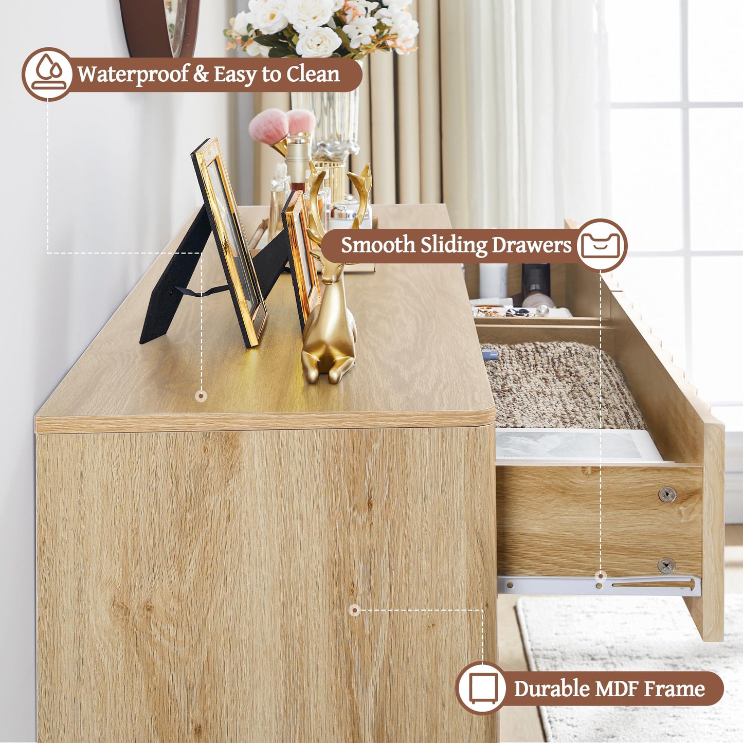 Caspellaire Fluted 6 Drawer Dresser, 53" Wide Modern Chest of Drawer, Dresser TV Stand,Wood Drawer Organizer for Bedroom, Living Room, Hallway