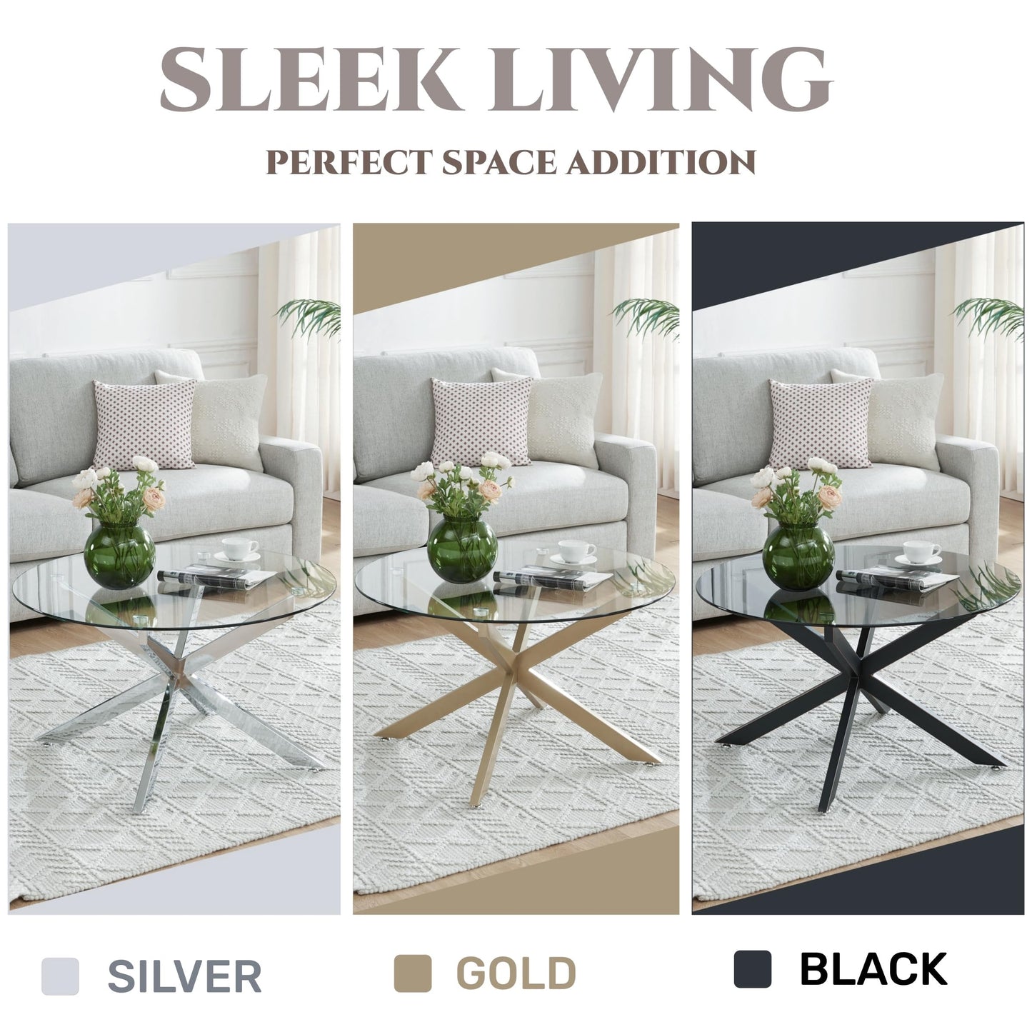 Round Glass Coffee Tables for Living Room, Home Office, Modern & Simple Center Table with Gray Tempered Glass Top, 35.5" Wx19.7 H Black