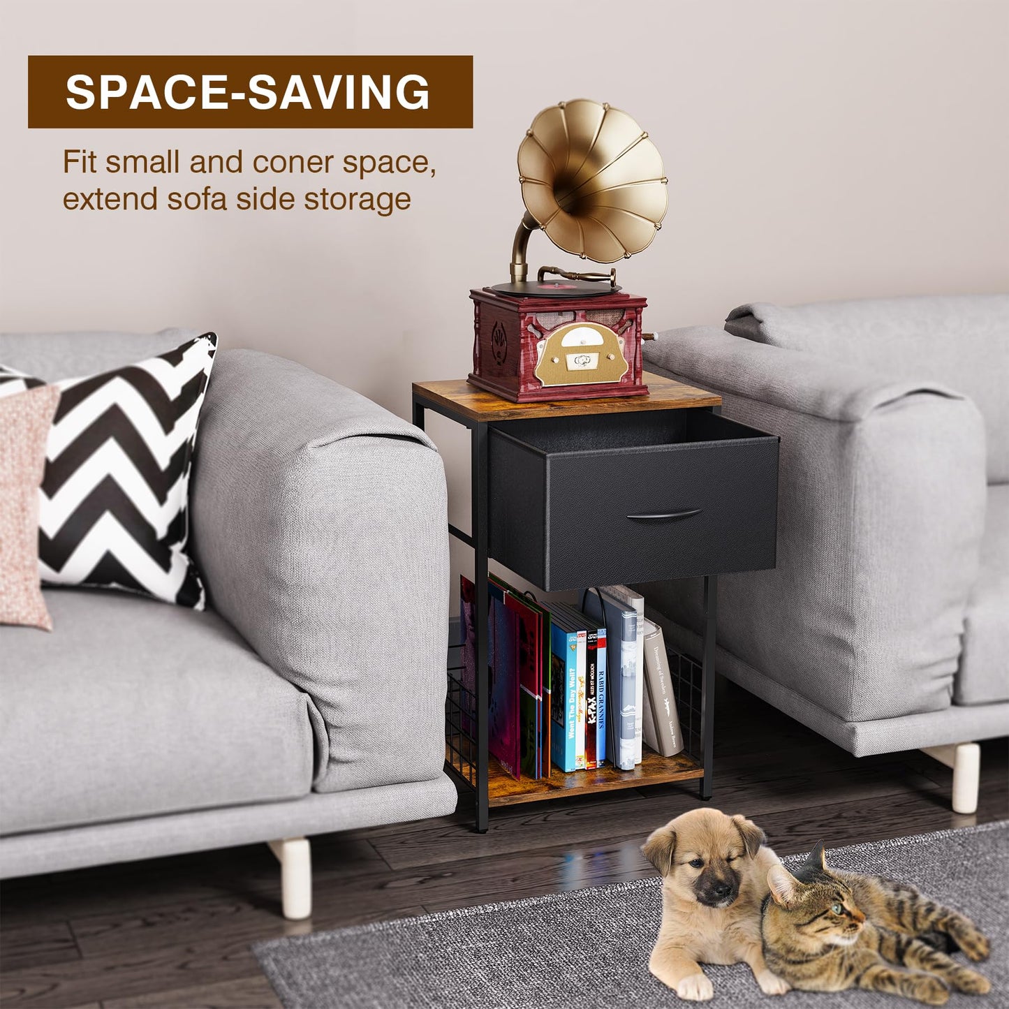 End Table Night Stand, Side Table Bedroom with Book Shelf & Storage Drawer, Night Stand with Fabric Bin for Bedroom, Corner Book Shelf for Home, Easy Assemble, Brown